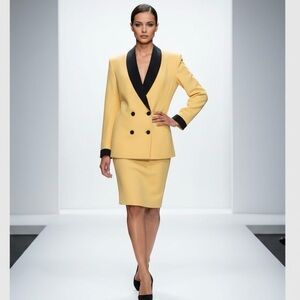 Yellow Black Lapel Double-Breasted Blazer Skirt Suit Set - Power Chic!